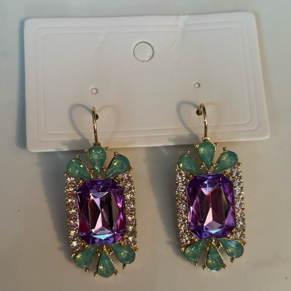 Elegant Purple and Green Rhinestone Earrings - Picture 4 of 6